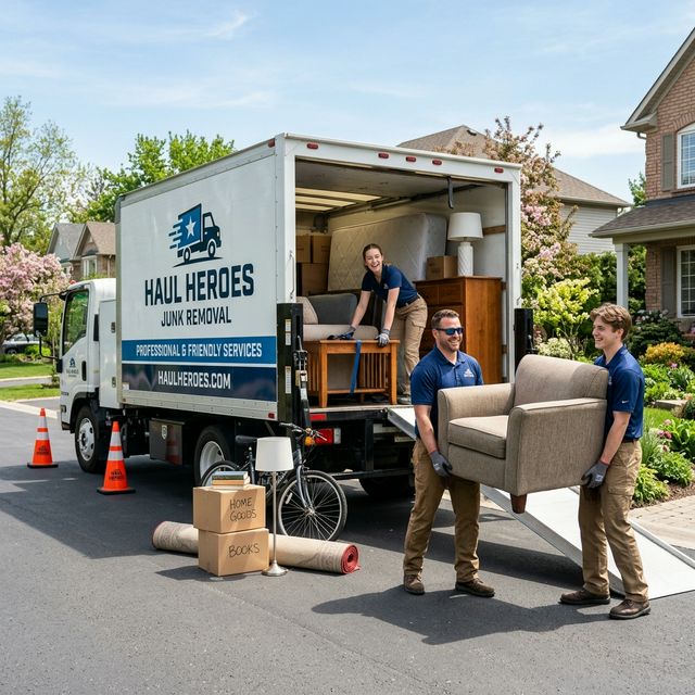 Professional junk removal truck loading furniture and debris for recycling